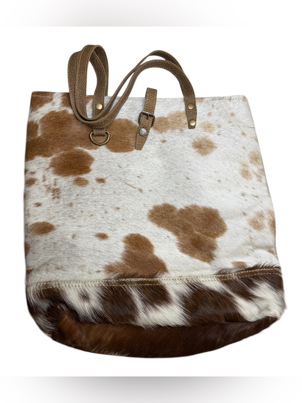 MYRA MESA TRAIL HAIRON TOTE BAG RUSTIC COWHIDE DESIGN, BROWN LEATHER HANDLES